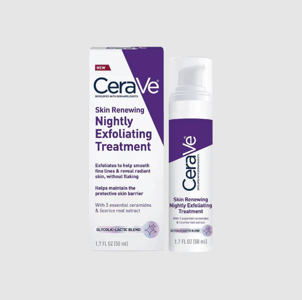 CeraVe Skin Renewing Nightly Exfoliating Treatment with AHAs for smoother, brighter skin without irritation, ideal for all skin types.