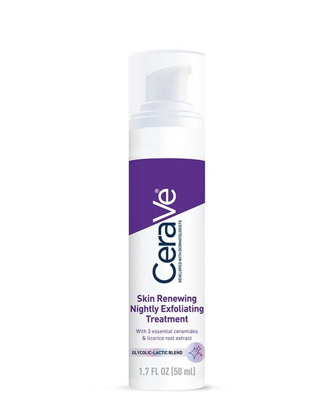 CeraVe Skin Renewing Nightly Exfoliating Treatment with AHAs for smoother, brighter skin without irritation, ideal for all skin types.