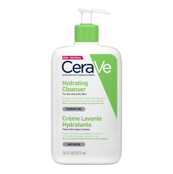 CeraVe Hydrating Facial Cleanser with hyaluronic acid and ceramides hydrates and gently cleanses dry, sensitive skin, leaving it soft and refreshed.