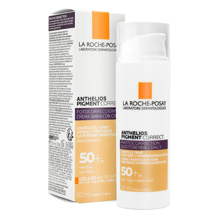 La Roche-Posay Anthelios Pigment Correct SPF 50, protects against sun damage, corrects dark spots, and evens skin tone with antioxidants and Niacinamide.