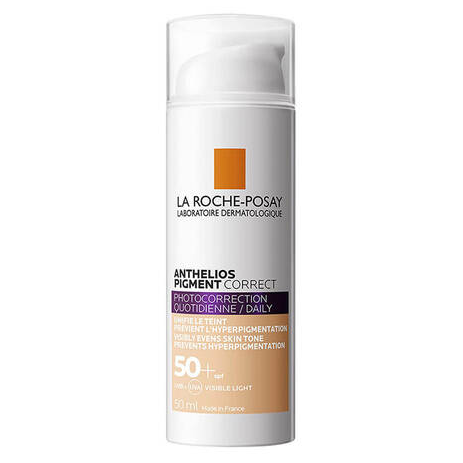 La Roche-Posay Anthelios Pigment Correct SPF 50, protects against sun damage, corrects dark spots, and evens skin tone with antioxidants and Niacinamide.