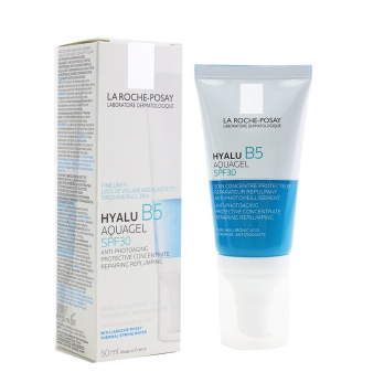 La Roche-Posay Hyalu B5 Aquagel SPF30 hydrates, repairs, and soothes skin with hyaluronic acid and Vitamin B5 while offering broad-spectrum UV protection.