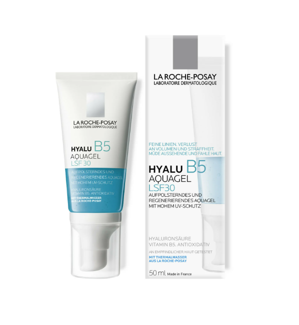 La Roche-Posay Hyalu B5 Aquagel SPF30 hydrates, repairs, and soothes skin with hyaluronic acid and Vitamin B5 while offering broad-spectrum UV protection.