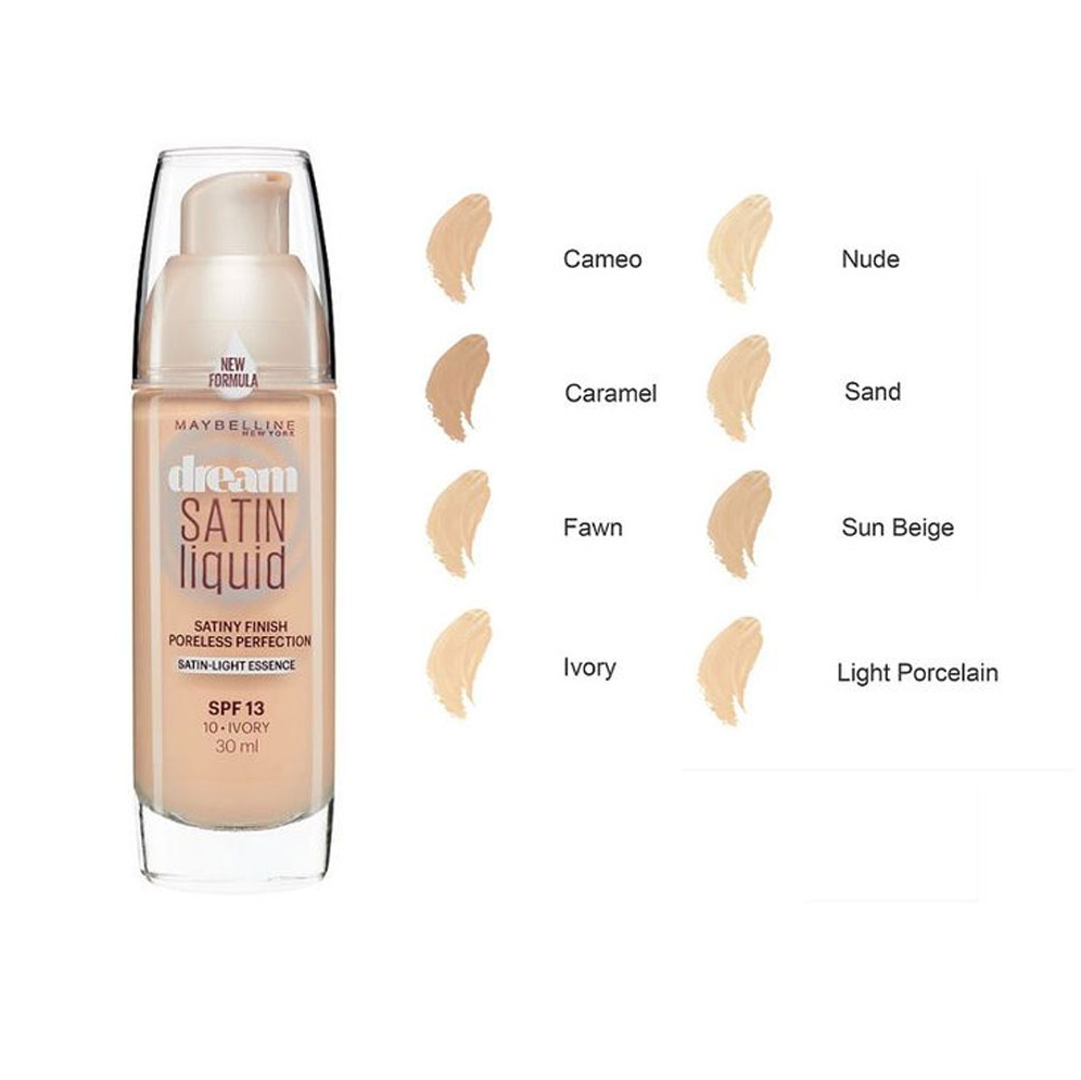 Maybelline Dream Satin Liquid Foundation with SPF13, hydrating formula, and smooth, airbrushed finish for normal to dry skin