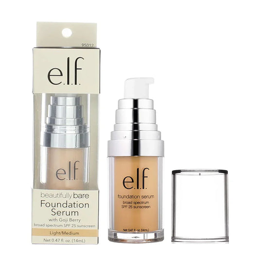 e.l.f. Beautifully Bare Foundation Serum SPF 25 for lightweight, radiant coverage with sun protection and a smooth, flawless finish.