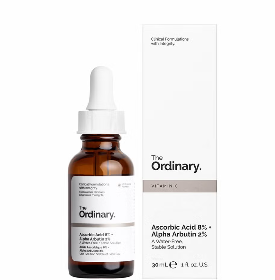The Ordinary Ascorbic Acid 8% + Alpha Arbutin 2% serum for brightening and evening skin tone, reducing dark spots and signs of aging.